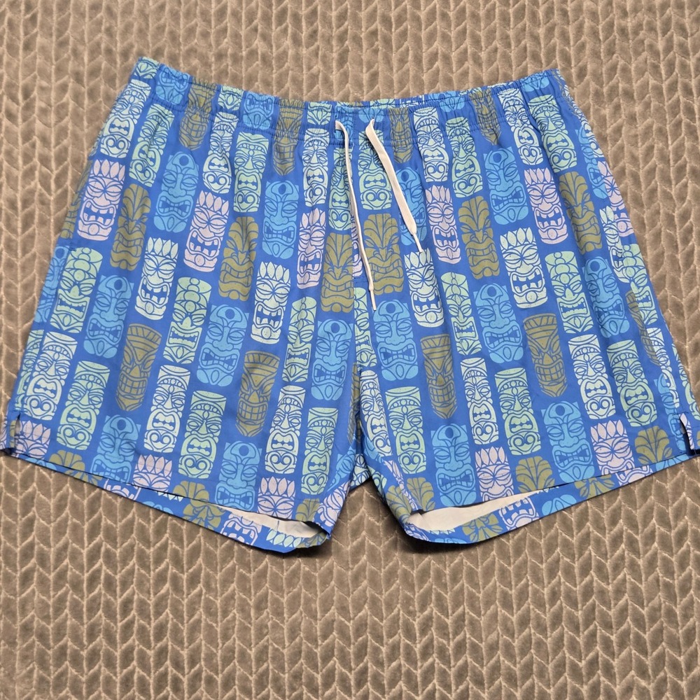 Bearbottom Mens XXL Tiki Mask Print Swim Trunks Blue 5.5 Inch Inseam Stretch